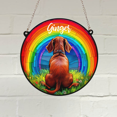 Dachshund Red Rainbow Bridge Personalised Stained Glass Effect Suncatcher